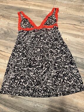 Victoria's Secret Black Floral Chemise with Coral Lace Trim